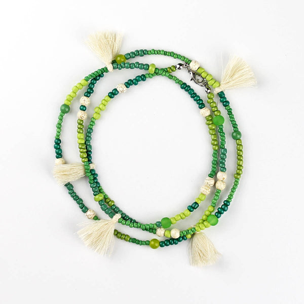 Multi Tassel Necklace Bohemian Style with Glass and Seed Beads - Earth Green Tones