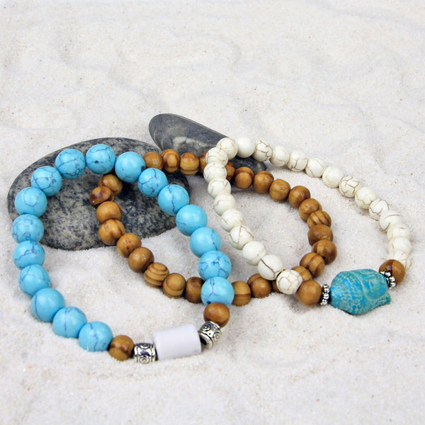 Men's Bracelets Set of 3 Beaded Stretch Bracelets Stack in Cream and Turquoise Yoga Buddha Theme - M19
