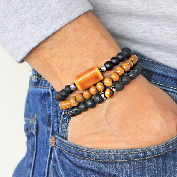 Men's Bracelets Set of 3 Beaded Stretch Bracelets Stack - M1