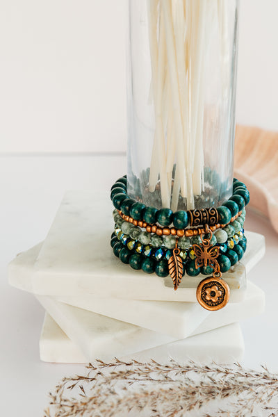 Handmade Beaded Bracelet Stack - Bronze & Green