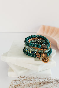 Handmade Beaded Bracelet Stack - Bronze & Green