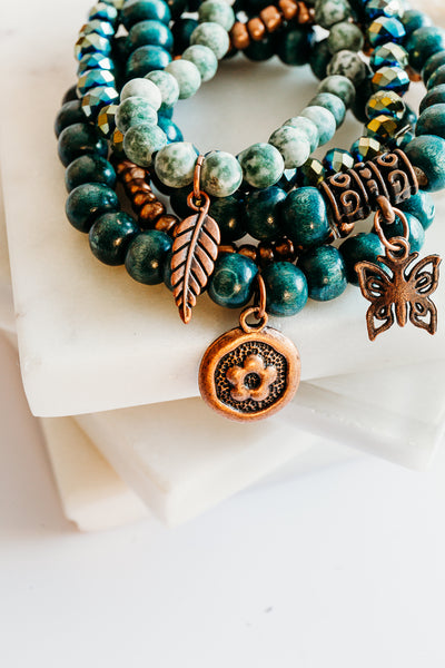 Handmade Beaded Bracelet Stack - Bronze & Green