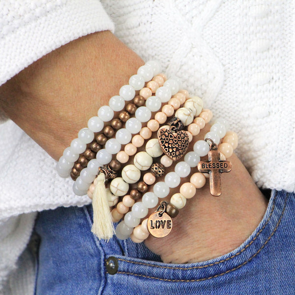 Beaded Bracelets Set of 8 Stretch Bracelets Stack with Copper Tone Charms