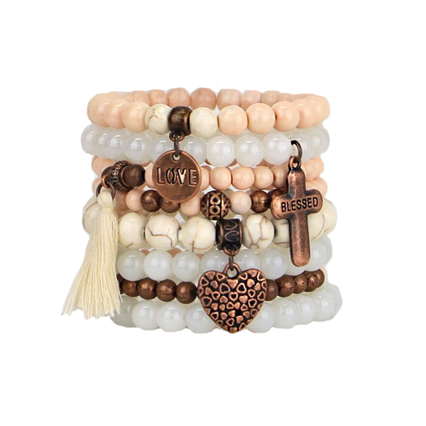Beaded Bracelets Set of 8 Stretch Bracelets Stack with Copper Tone Charms