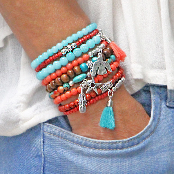 Beaded Bracelets Set of 9 Stretch Bracelets Bohemian Southwestern Themed