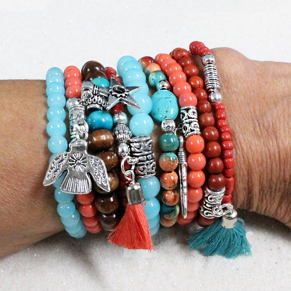 Beaded Bracelets Set of 9 Stretch Bracelets Bohemian Southwestern Themed