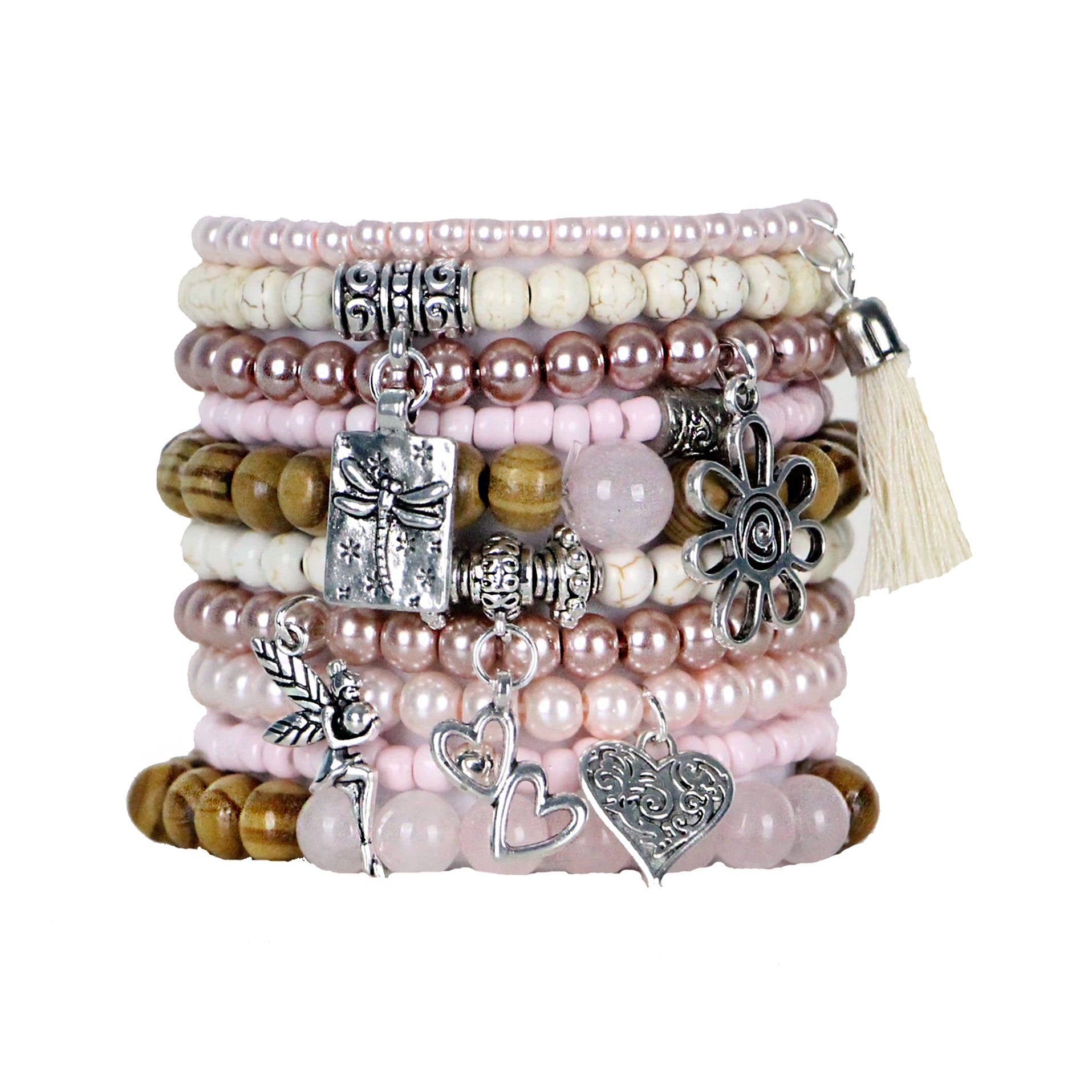 Beaded Bracelets Set of 10 Stretch Bracelets Calming Pinks Bohemian Themed