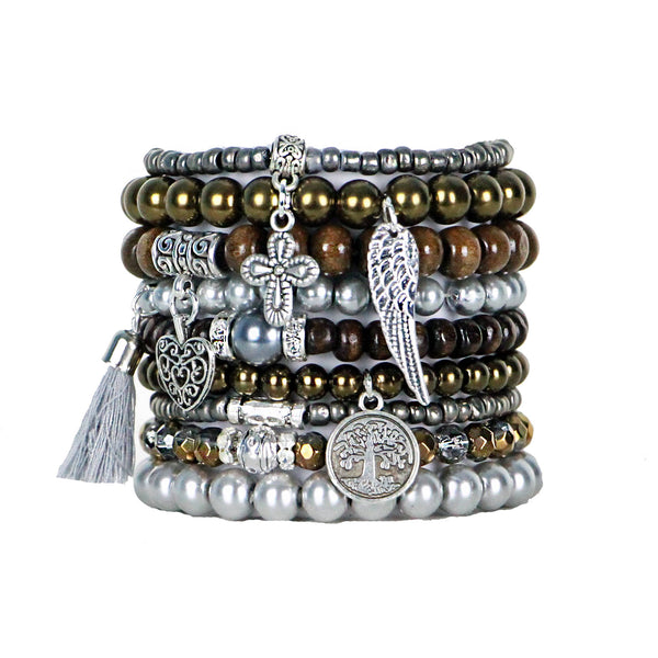 Beaded Bracelets Set of 9 Stretch Bracelets Bohemian Earth Tones Stack