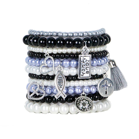 Beaded Bracelets Set of 11 Stretch Bracelets Faith Themed Stack