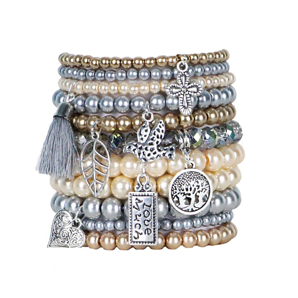 Beaded Bracelets Set of 11 Stretch Bracelets Bohemian Metallic Tones Stack