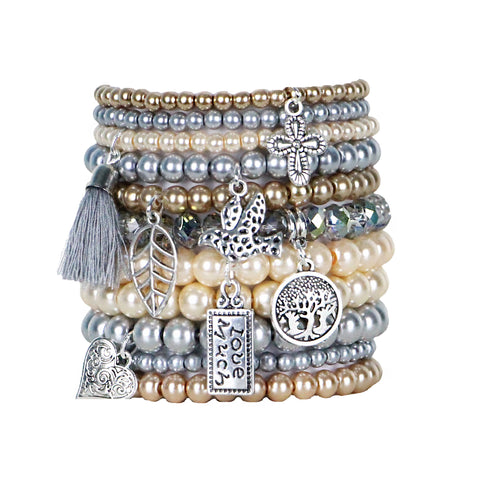 Beaded Bracelets Set of 11 Stretch Bracelets Bohemian Metallic Tones Stack