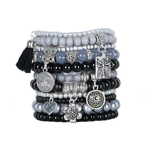 Beaded Bracelets Set of 11 Stretch Bracelets Bohemian Themed Stack in Classic Black and Silver Greys
