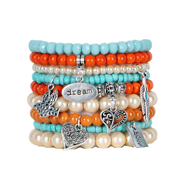 Beaded Bracelets Set of 9 Stretch Bracelets Bohemian Dream Themed Stack
