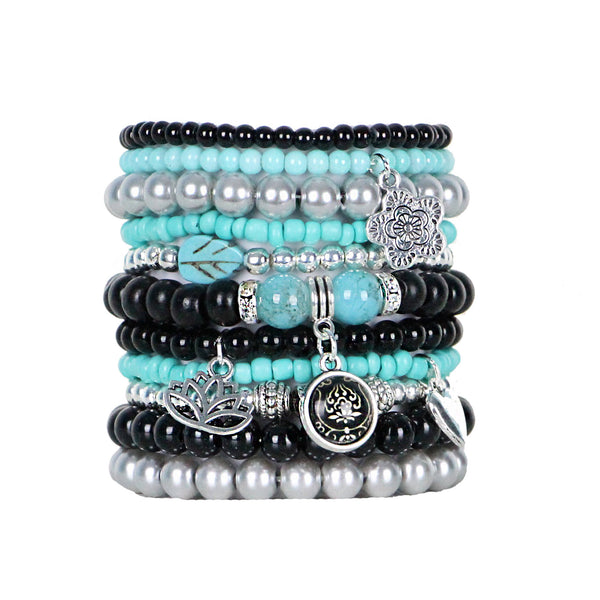 Beaded Bracelets Set of 11 Stretch Bracelets Bohemian Themed Stack in Turquoise and Midnight Black Tones