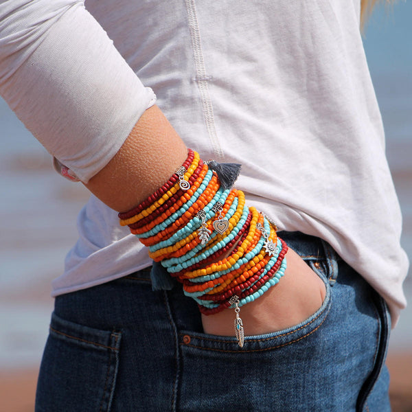 Beaded Bracelets Set of 30 Seed Bead Stretch Bracelets Bohemian Yoga Buddha Peace Themed