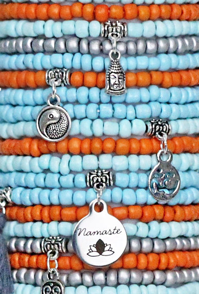 Beaded Bracelets Set of 30 Seed Bead Stretch Bracelets Bohemian Yoga Namaste Themed