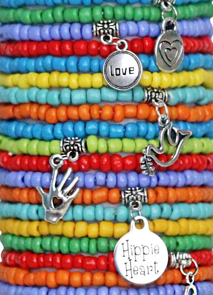 Beaded Bracelets Set of 30 Seed Bead Stretch Bracelets Bohemian  Hippie Heart Themed