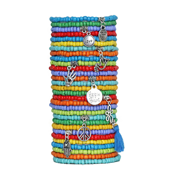 Beaded Bracelets Set of 30 Seed Bead Stretch Bracelets Bohemian  Hippie Heart Themed