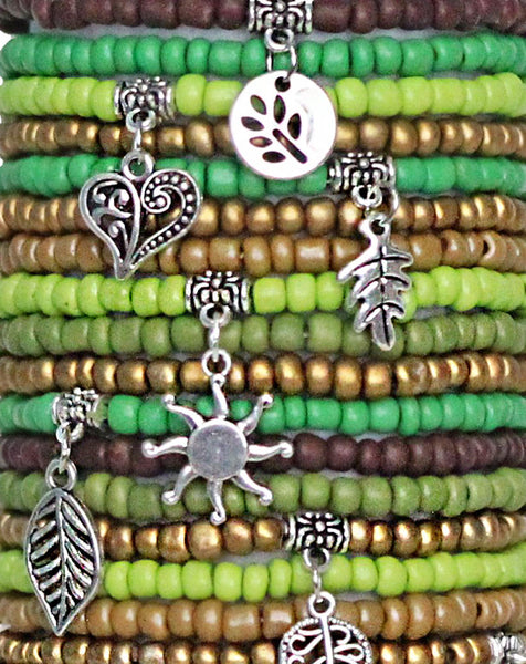 Beaded Bracelets Set of 30 Seed Bead Stretch Bracelets Bohemian Woodland Color Scheme Themed