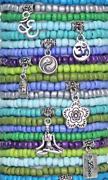Beaded Bracelets Set of 30 Seed Bead Stretch Bracelets Bohemian Yoga Namaste Themed