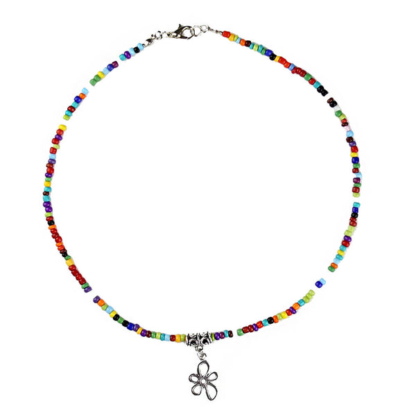 Seed Bead Choker Necklace Bohemian Style Multicolored with Dangle Daisy Charm