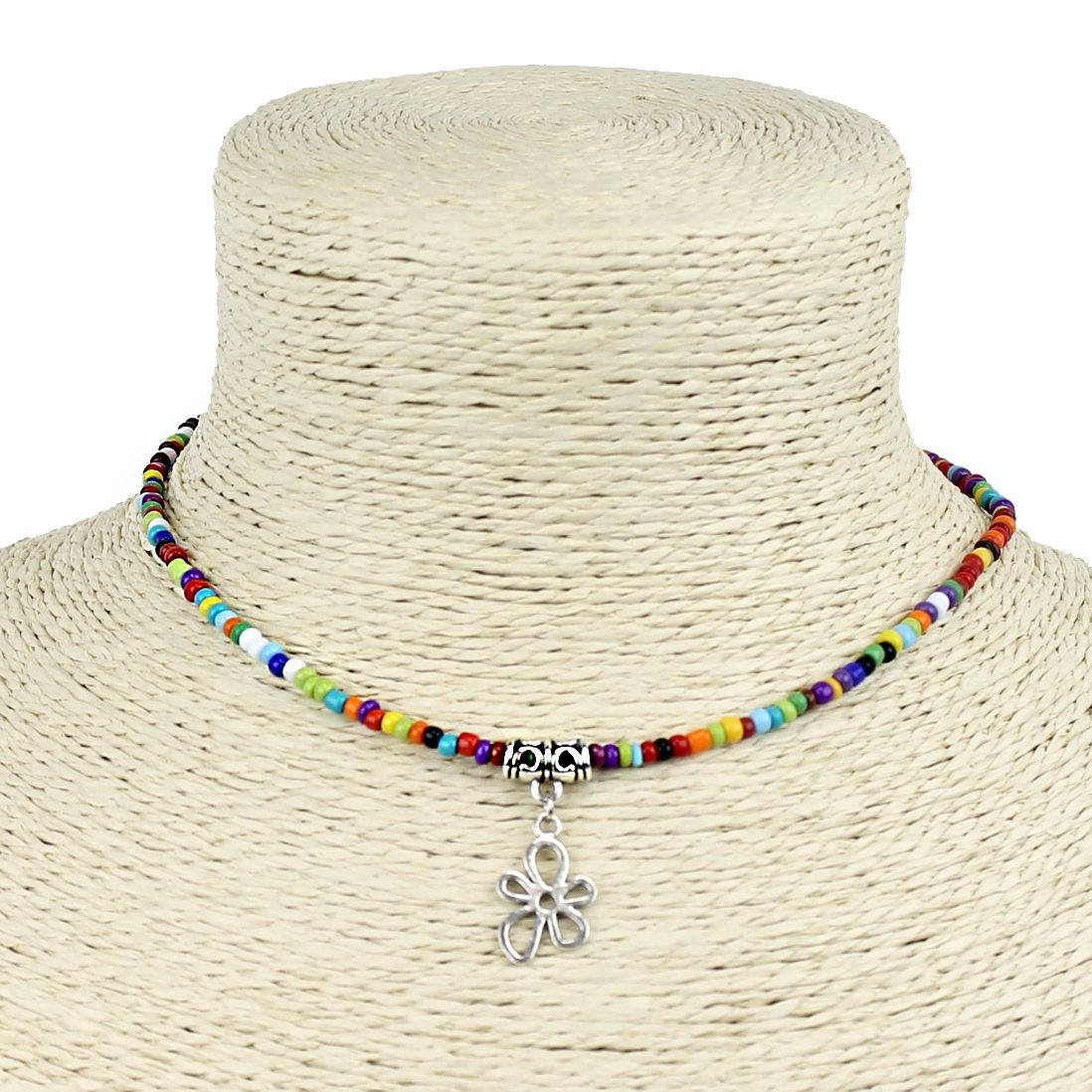 Seed Bead Choker Necklace Bohemian Style Multicolored with Dangle Daisy Charm
