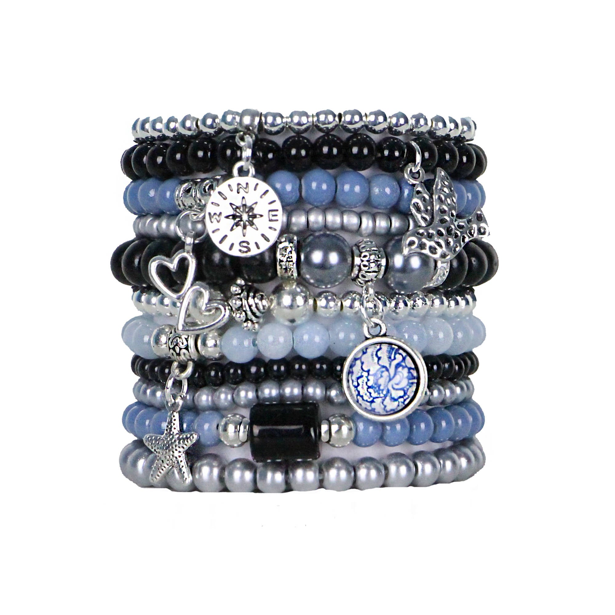 Beaded Bracelets Set of 11 Stretch Bracelets Bohemian Themed Stack in Classic Black Grey and Blues
