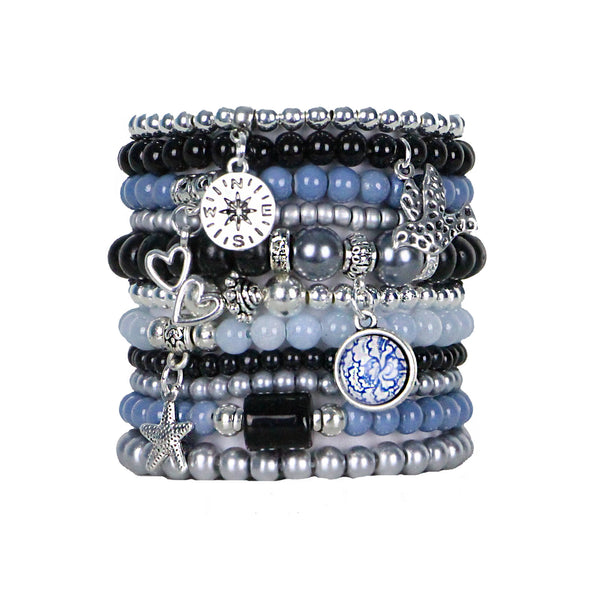 Beaded Bracelets Set of 11 Stretch Bracelets Bohemian Themed Stack in Classic Black Grey and Blues