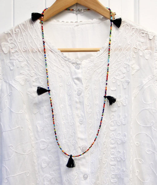 Beaded Tassel Necklace Longer Length Perfect for Layering Colorful Bohemian Hippie Style Necklace