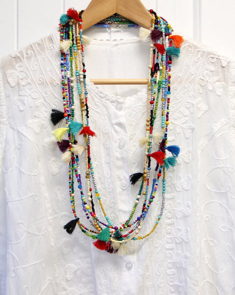 Beaded Tassel Necklace Longer Length Perfect for Layering Colorful Bohemian Hippie Style Necklace
