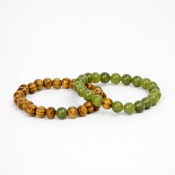 Couples Bracelet Set of 2 Burlywood and Jade Stretch Bracelets