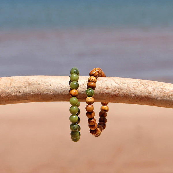 Couples Bracelet Set of 2 Burlywood and Jade Stretch Bracelets