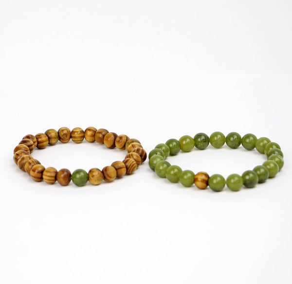 Couples Bracelet Set of 2 Burlywood and Jade Stretch Bracelets