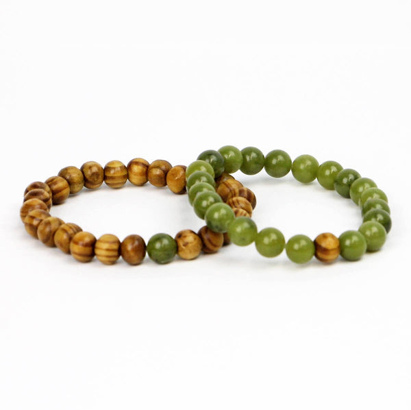 Couples Bracelet Set of 2 Burlywood and Jade Stretch Bracelets