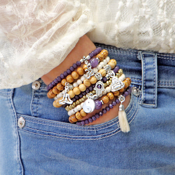 Beaded Bracelets Set of 9 Stretch Bracelets Bohemian Buddha Themed Stack