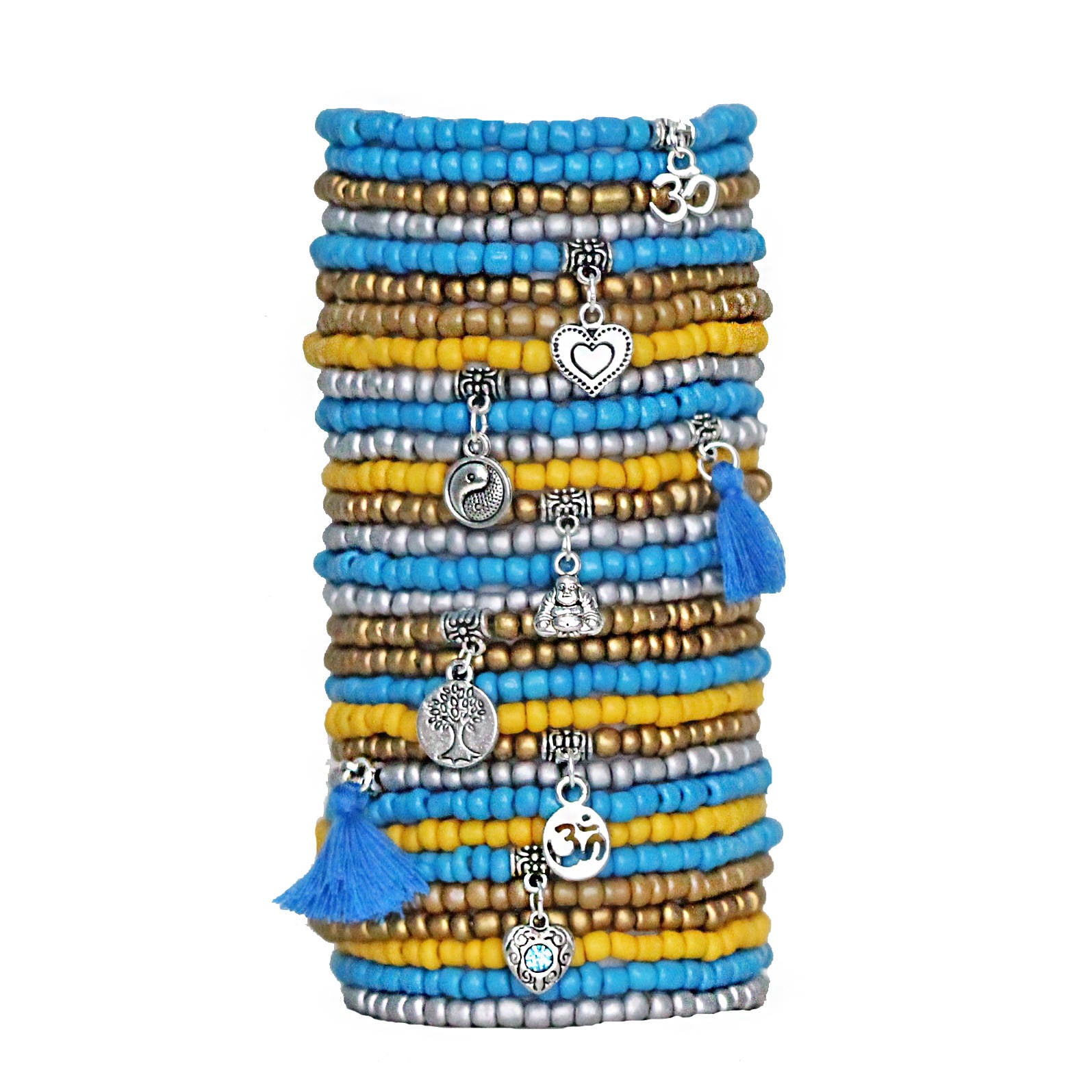Stacked Bracelets Set of 30 Seed Bead Stretch Bracelets OM Bohemian Themed