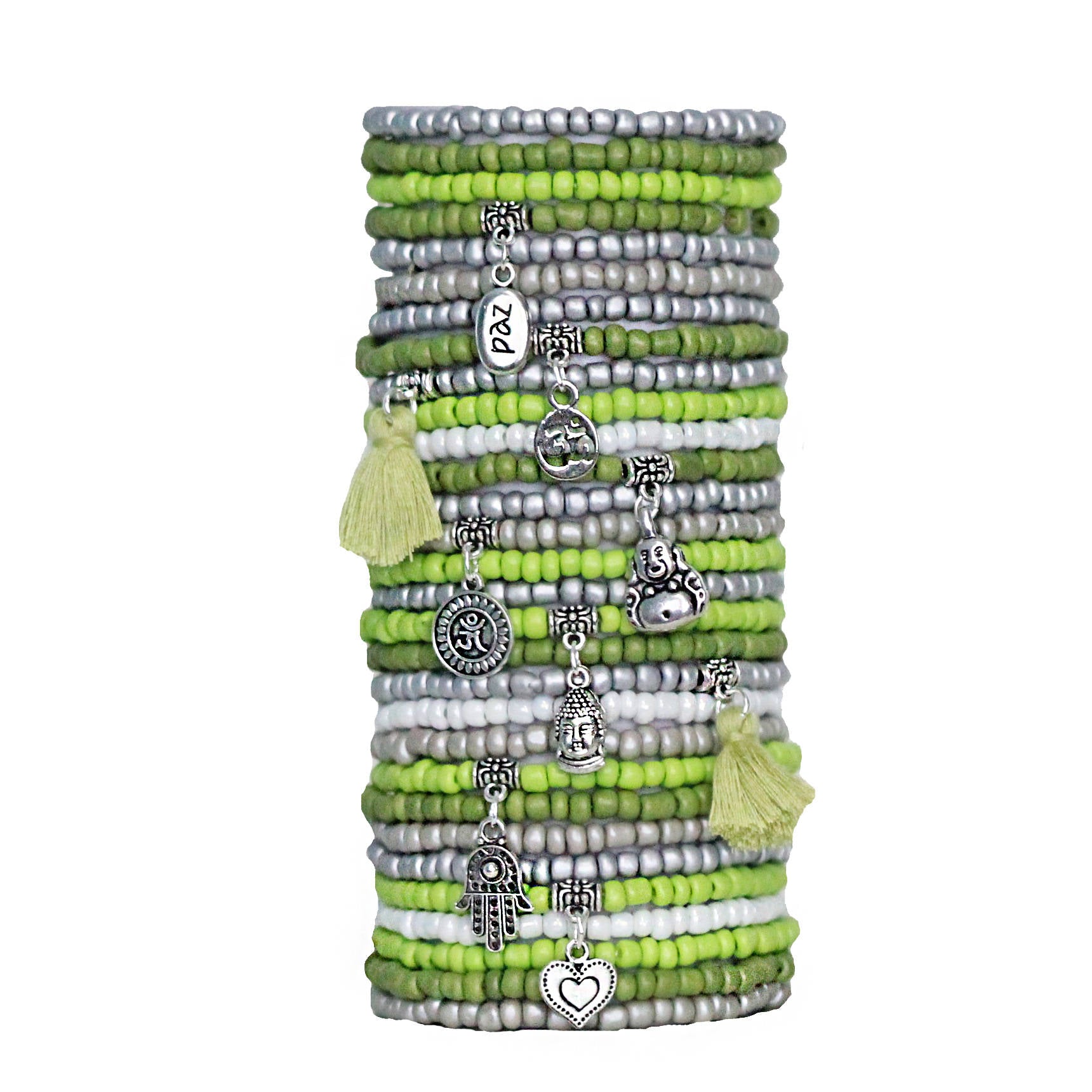 Beaded Bracelets Set of 30 Seed Bead Stretch Bracelets Bohemian Yoga Buddha Peace Themed