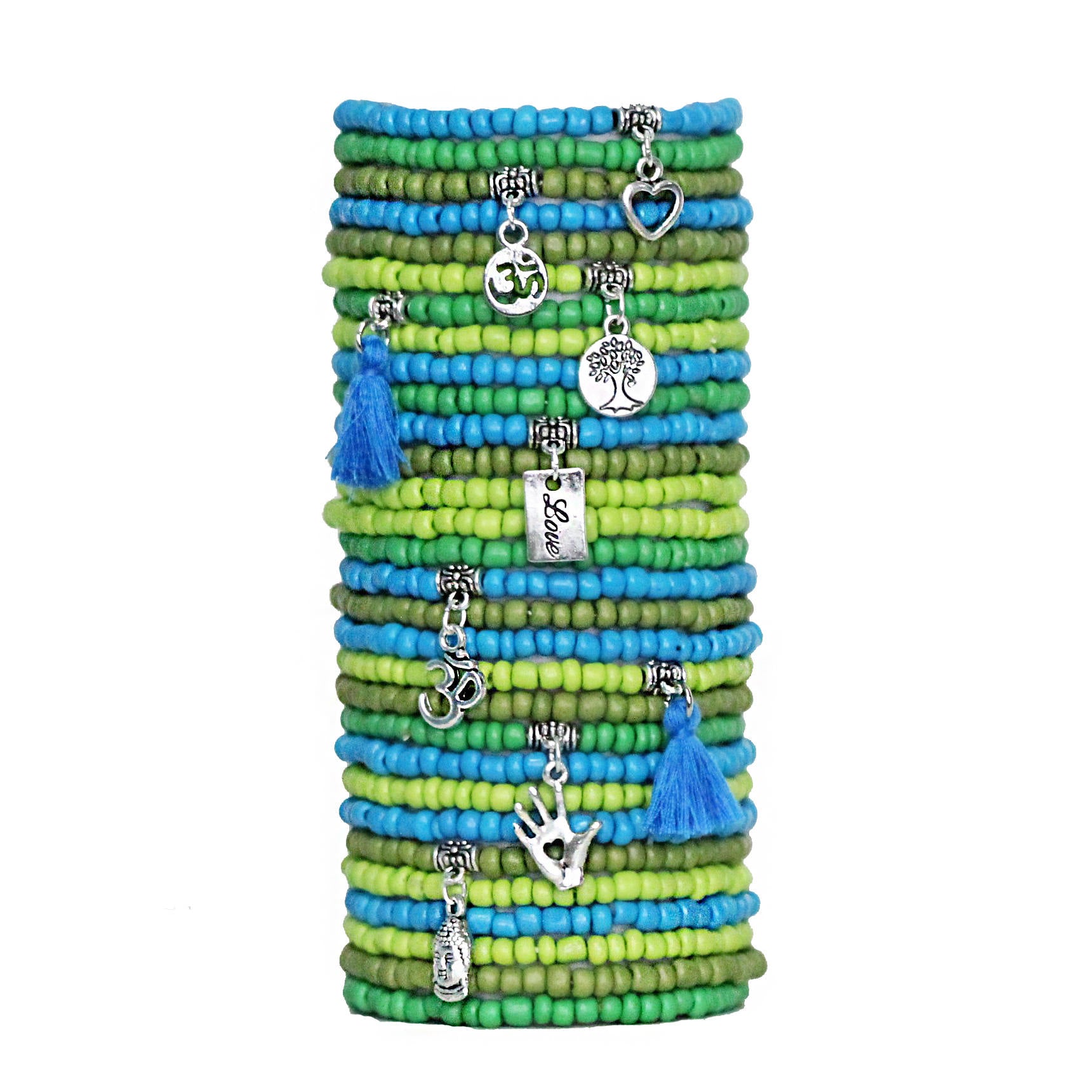 Beaded Bracelets Set of 30 Seed Bead Stretch Bracelets Bohemian Themed Stack in Gorgeous Turquoise and Greens