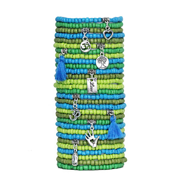 Beaded Bracelets Set of 30 Seed Bead Stretch Bracelets Bohemian Themed Stack in Gorgeous Turquoise and Greens