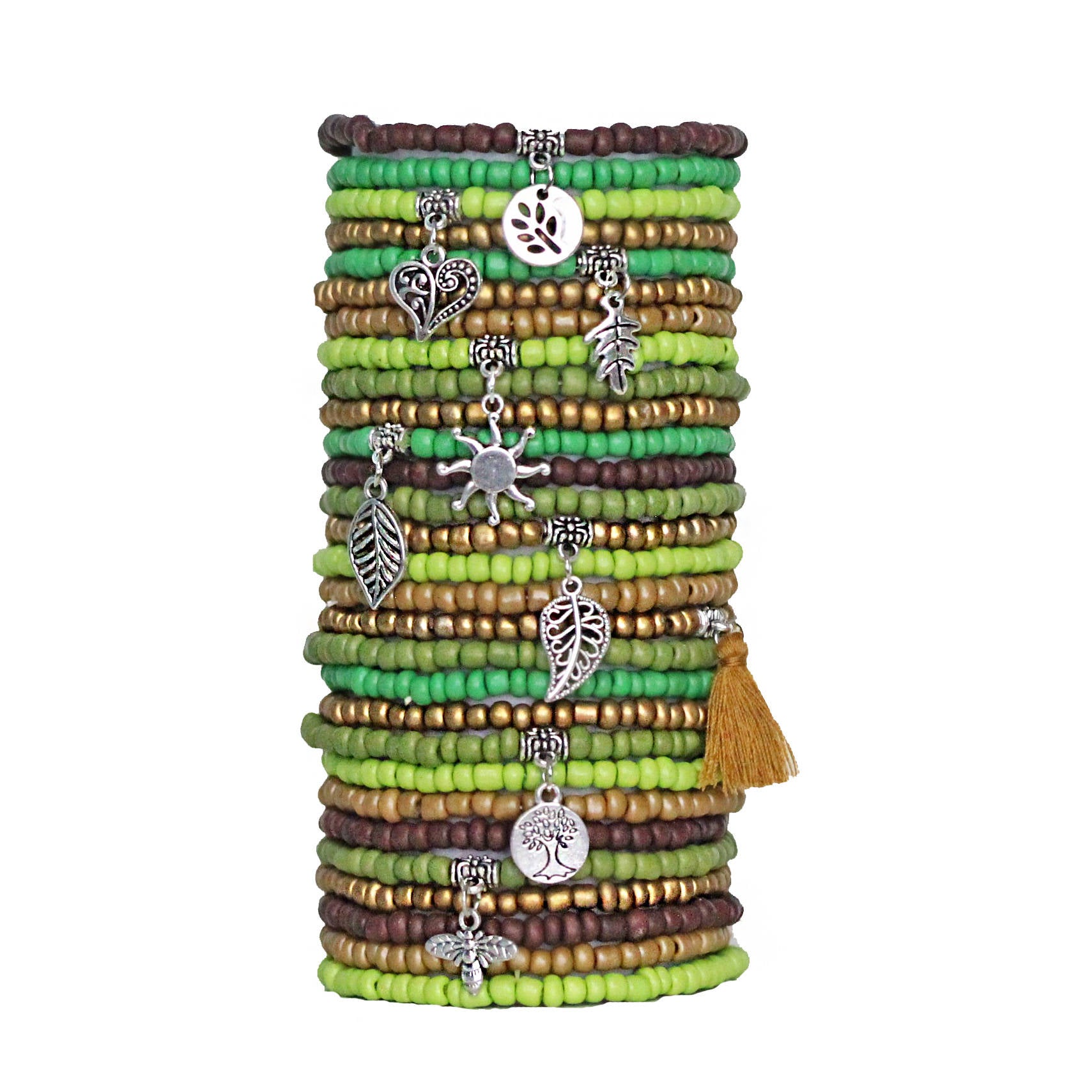 Beaded Bracelets Set of 30 Seed Bead Stretch Bracelets Bohemian Woodland Color Scheme Themed