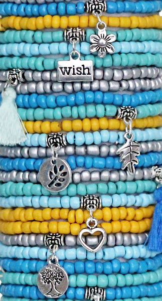 Beaded Bracelets Set of 30 Seed Bead Stretch Bracelets Bohemian Wish Themed