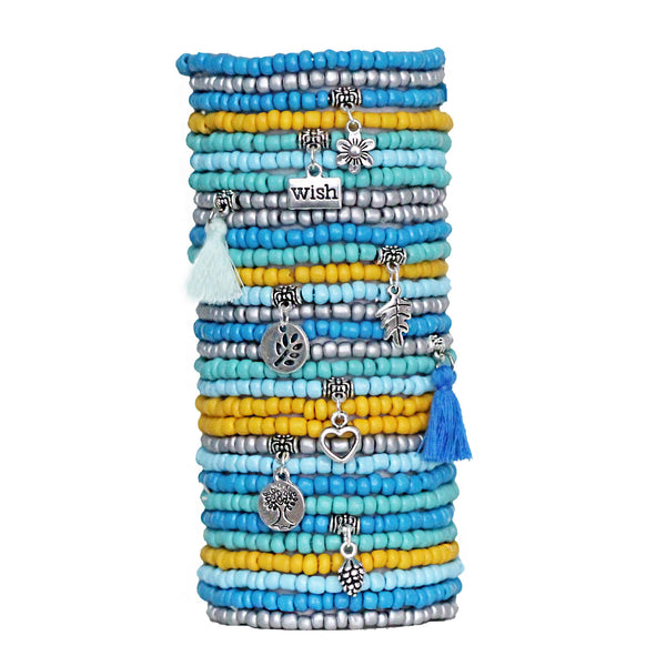 Beaded Bracelets Set of 30 Seed Bead Stretch Bracelets Bohemian Wish Themed