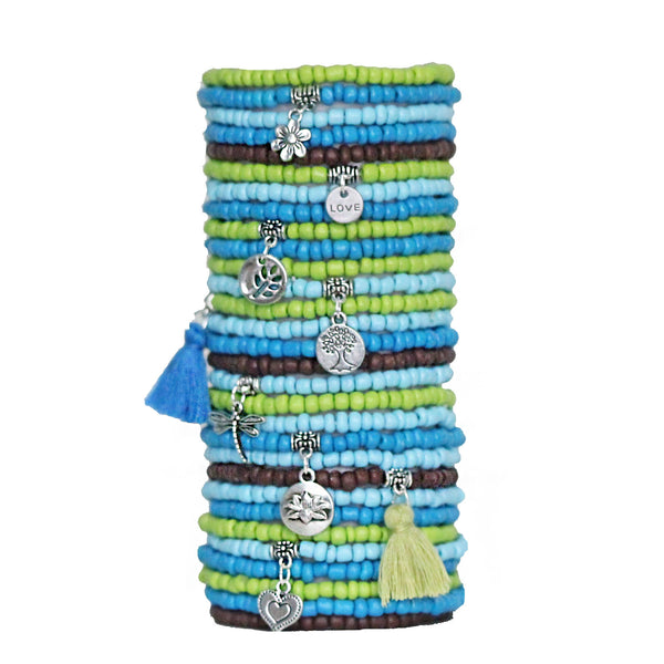 Beaded Bracelets Set of 30 Bohemian Themed Stack in Lovely Blues and Greens