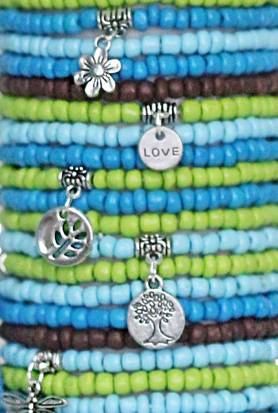 Beaded Bracelets Set of 30 Bohemian Themed Stack in Lovely Blues and Greens