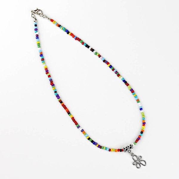 Seed Bead Choker Necklace Bohemian Style Multicolored with Dangle Daisy Charm