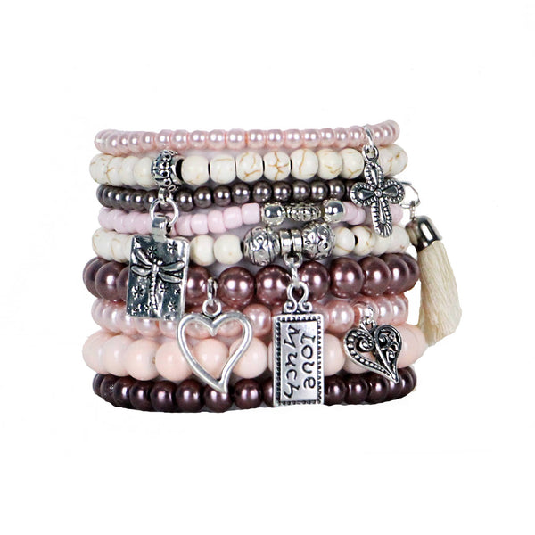 Beaded Bracelets Set of 9 Stretch Bracelets Calming Pinks Bohemian Themed
