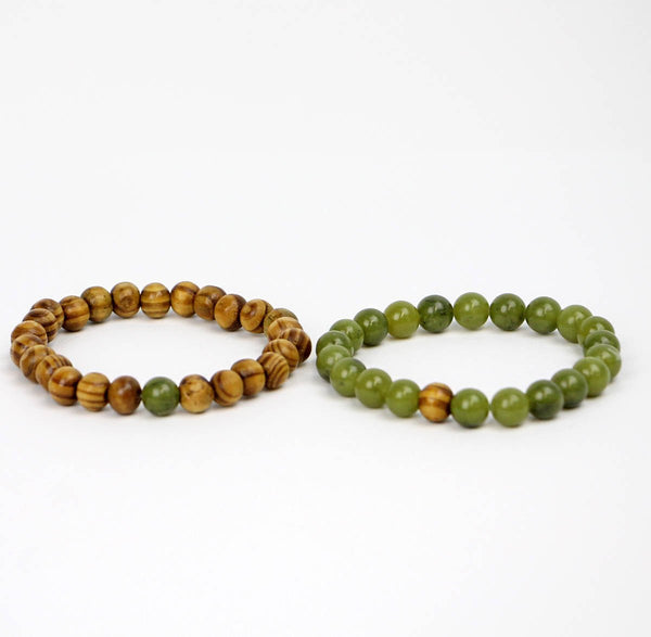 Couples Bracelet Set of 2 Burlywood and Jade Stretch Bracelets