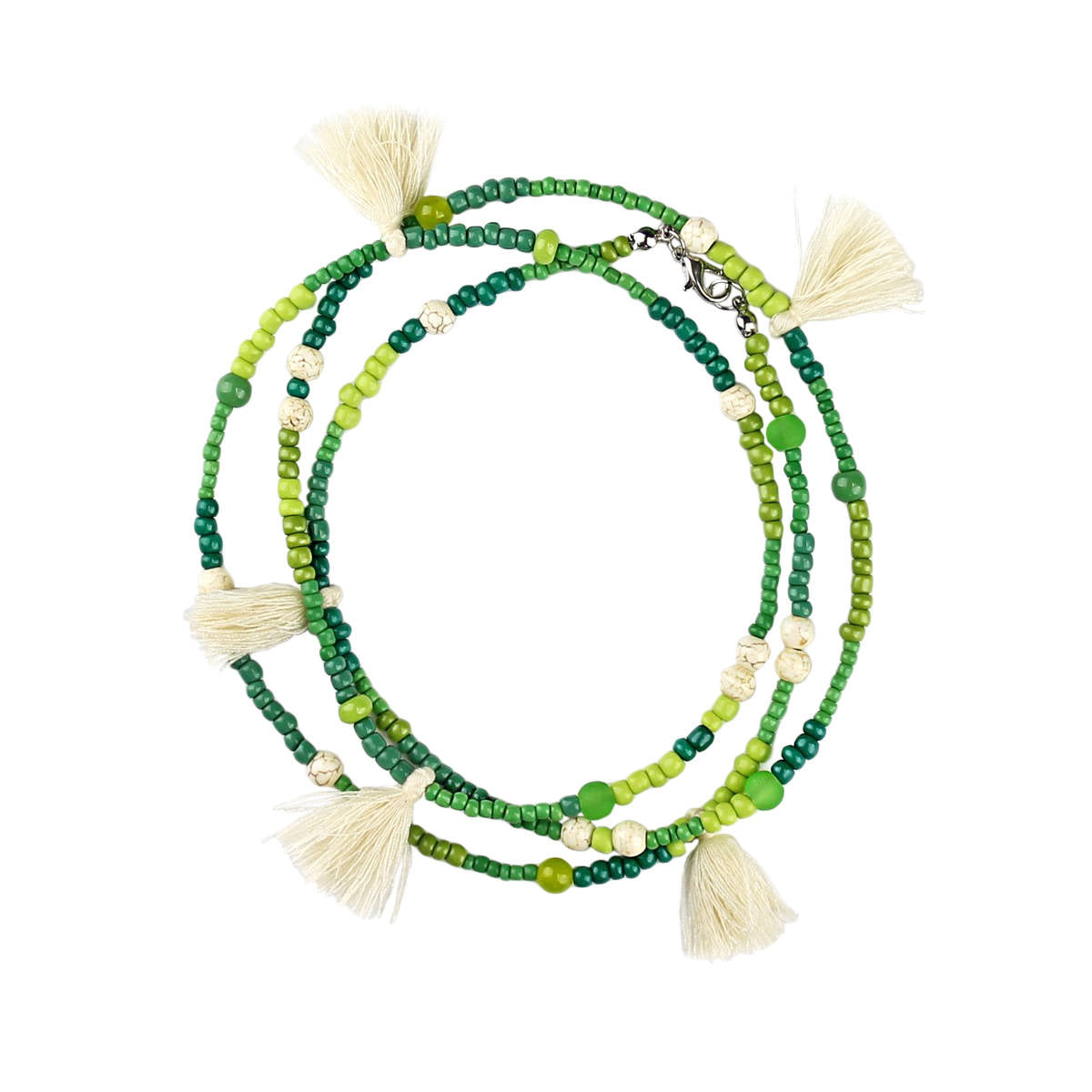 Multi Tassel Necklace Bohemian Style with Glass and Seed Beads - Earth Green Tones