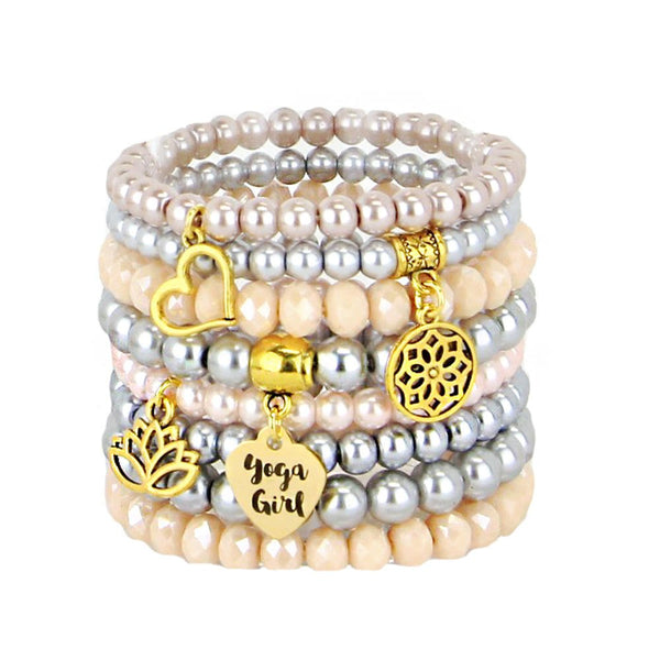 Beaded Bracelets Set of 8 Stretch Bracelets Bohemian Yoga Themed Bracelet Stack