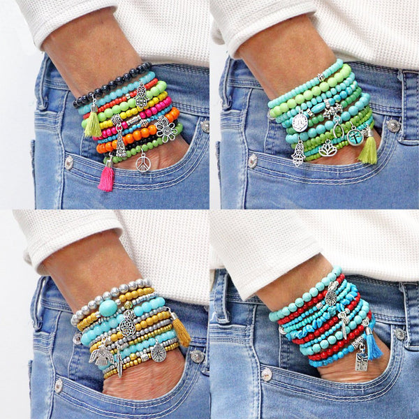 Beaded Bracelets Set of 9 Stretch Bracelets Bohemian Yoga Themed